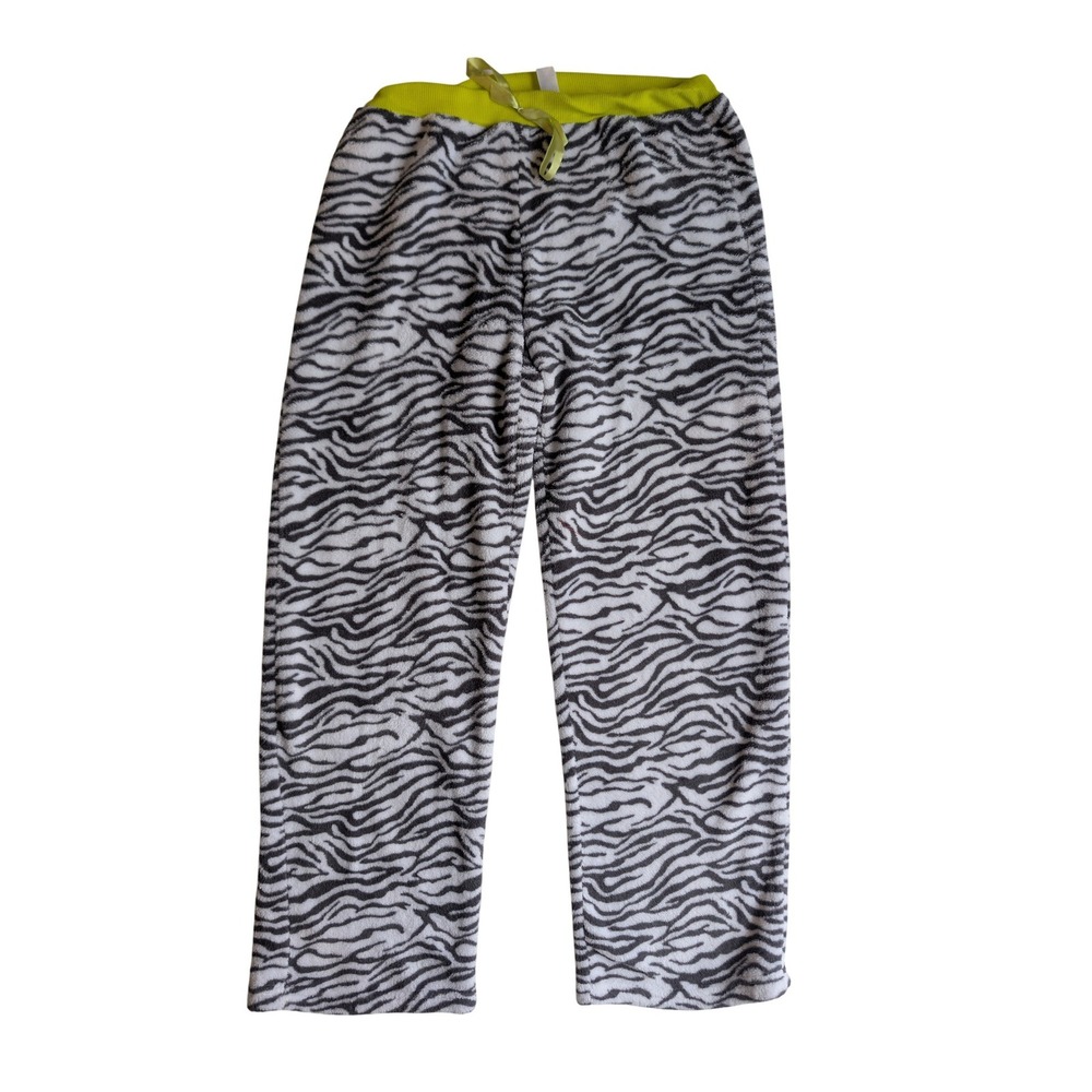 Zebra Print Fleece Pajama Pants Women Lrge Neon Green Waistband Lounge Sleepwear